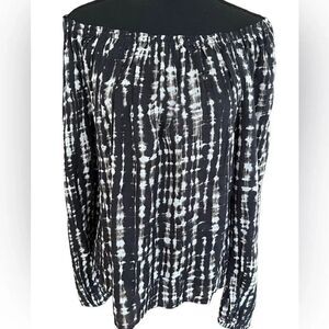 SANTUARY black/ white/taupe relaxed fit off shoulder top, size XL